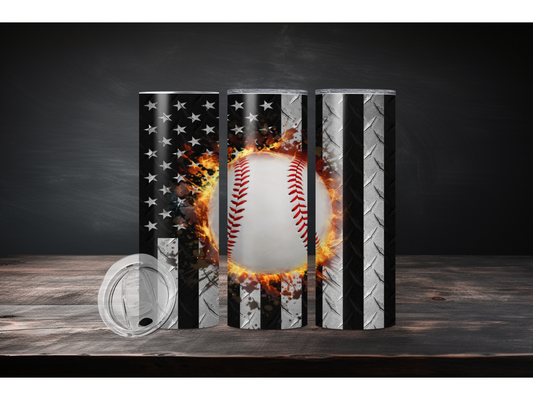 Insulated Black and White American Flag with Baseball 20 oz Tumbler