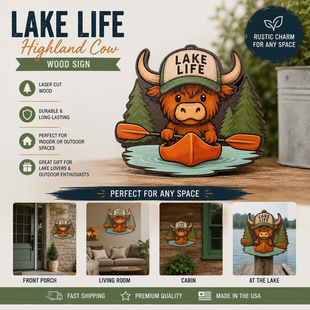 Lake Life Highland Cow Kayak Wooden Sign |laser Cut Lakehouse Decor