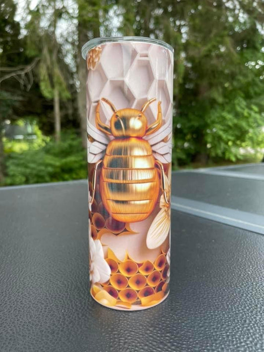 Buzzing Beehive: Insulated 20oz Tumbler with Golden Honey Bee Design