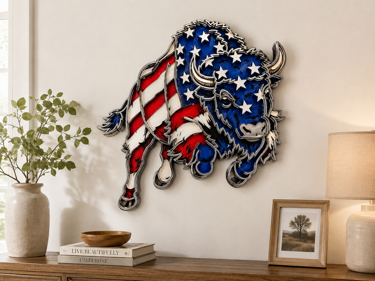 Patriotic American Buffalo – Laser Cut & Hand Painted Wall Decor