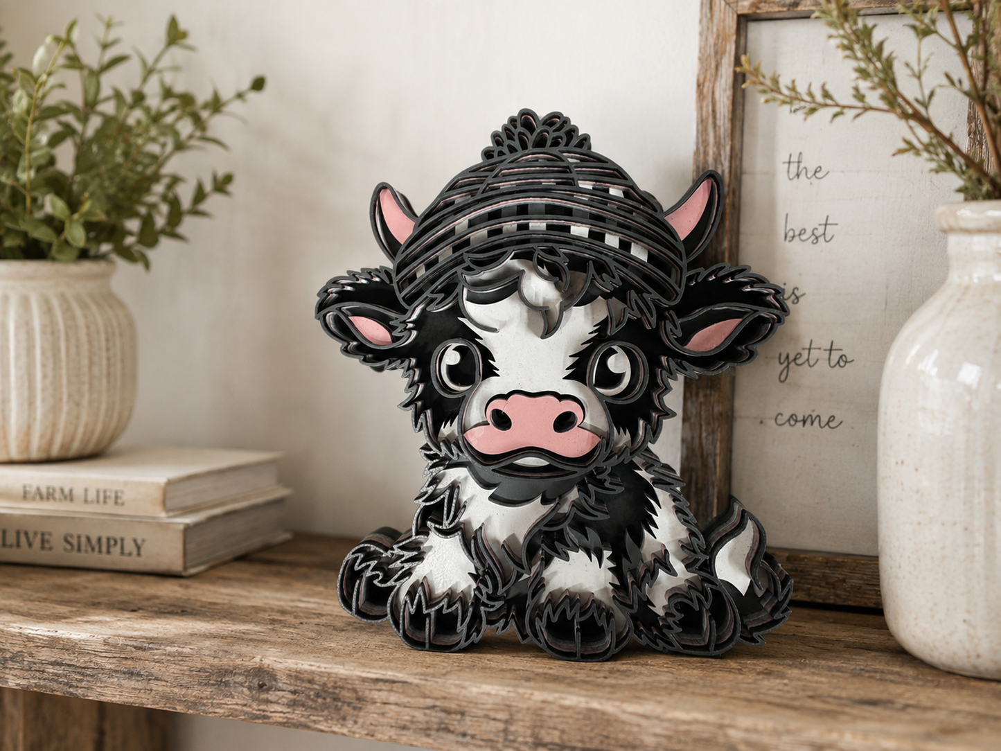 Adorable Farm Cow Laser Cut Wood Decor – Hand Painted Layered Farmhouse Art