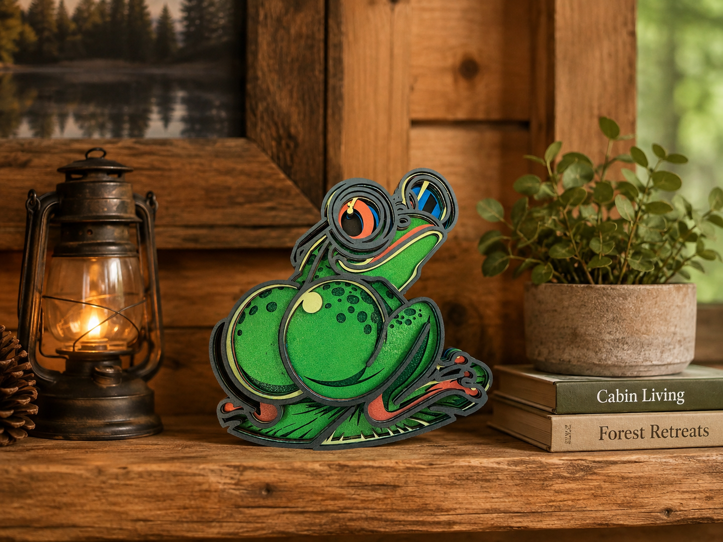 Funny Green Frog Laser Cut Wood Decor – Hand Painted Layered Cabin & Farmhouse Art